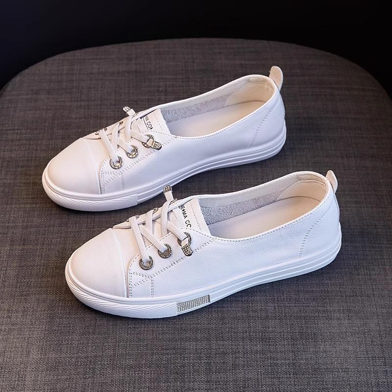 All Cowhide Shallow Mouth White Shoes Women's New Summer Versatile Leather Casual One-pedal Flat-soled Single Shoes
