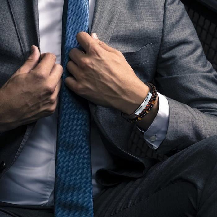 Bracelet Homme - H1174 - Cuir et perles - Boucle magnétique acier inoxydable - Livré avec boîte à bijoux