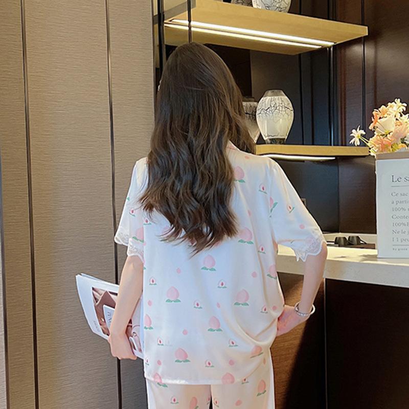 Sweet And Cute Girl Peach Jacquard Pajamas Ice Silk Short-Sleeved Shorts Lace Lace Summer Thin Loungewear