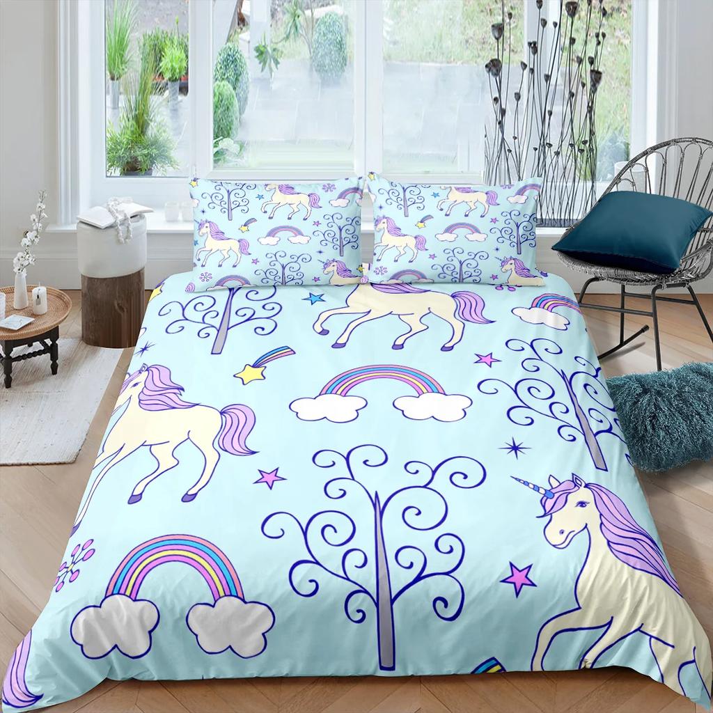 Unicorn Bedding Set King Queen White Pink Unicorn Duvet Cover for Girls Kids Dreamy Cartoon Sparkle Lilac Polyester Quilt Cover