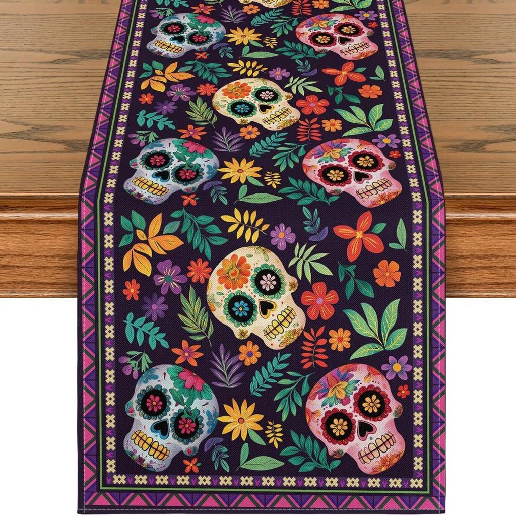 Flowers Sugar Skull Mexican Day of The Dead Table Runner,Dia De Los Muertos Kitchen Dining Table Decoration for Home Party Decor