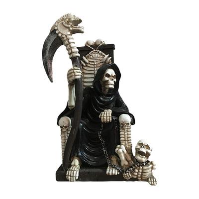 Statue Sculpture Figure Crâne Maléfique Faucheur Sur Trône d'Os Squelette Crânes Empilés Pour Décoration d'Halloween Collection de Crânes
