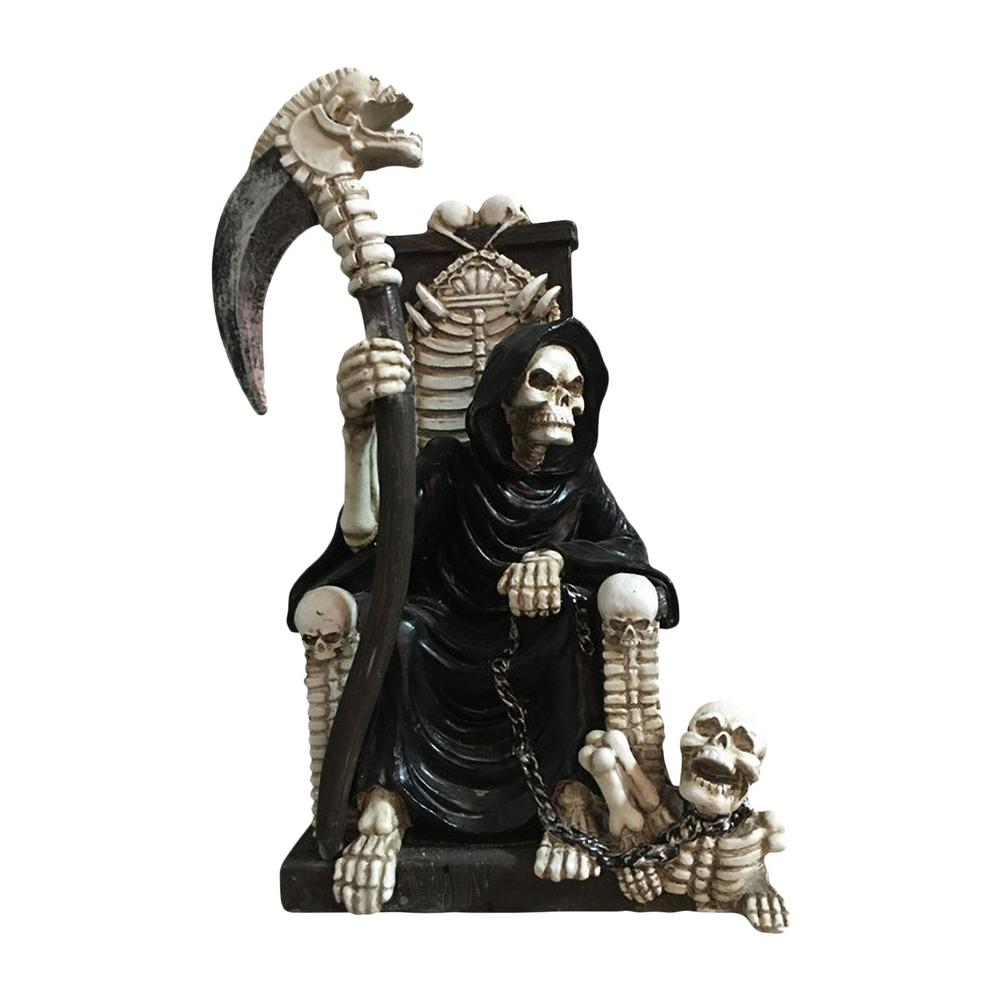 Evil Grim Reaper Statue Reaper On Bone Throne Statue With Scythe For Halloween Spooky Gothic Decoration Sculptures Fantasy Decor
