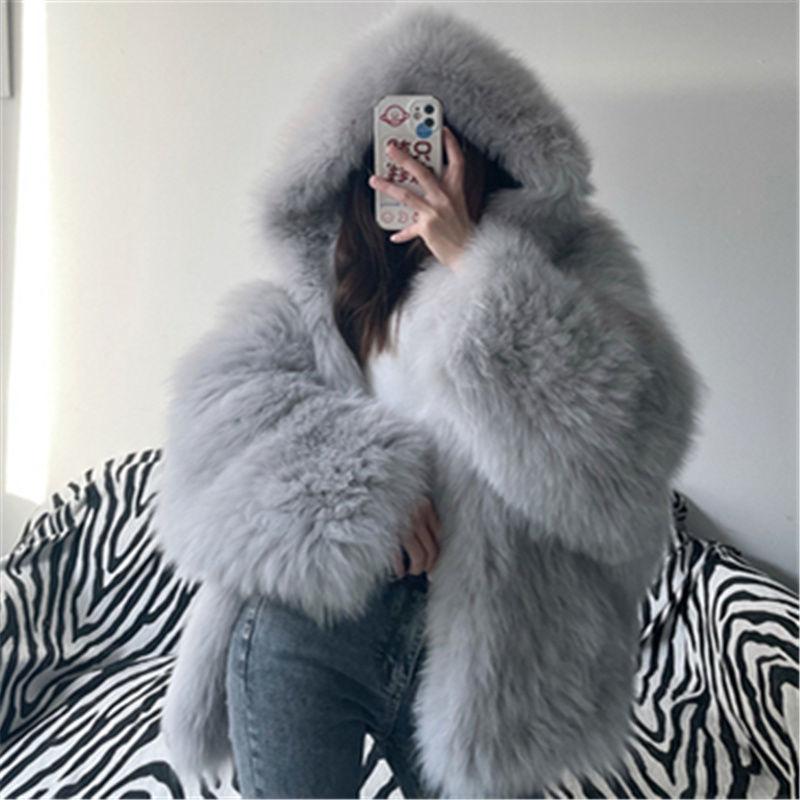 New Imitation Fox Hair Woven Hooded Bat Sleeve Long Sleeve Slim Imitation Fur Fur Coat Women