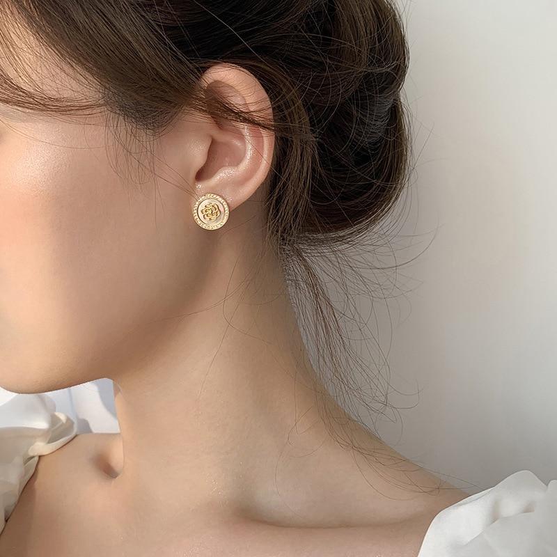Charm Flower Stud Earrings For Women Crystal Round Korean Earrings Gold Color Jewelry Temperament Pendientes