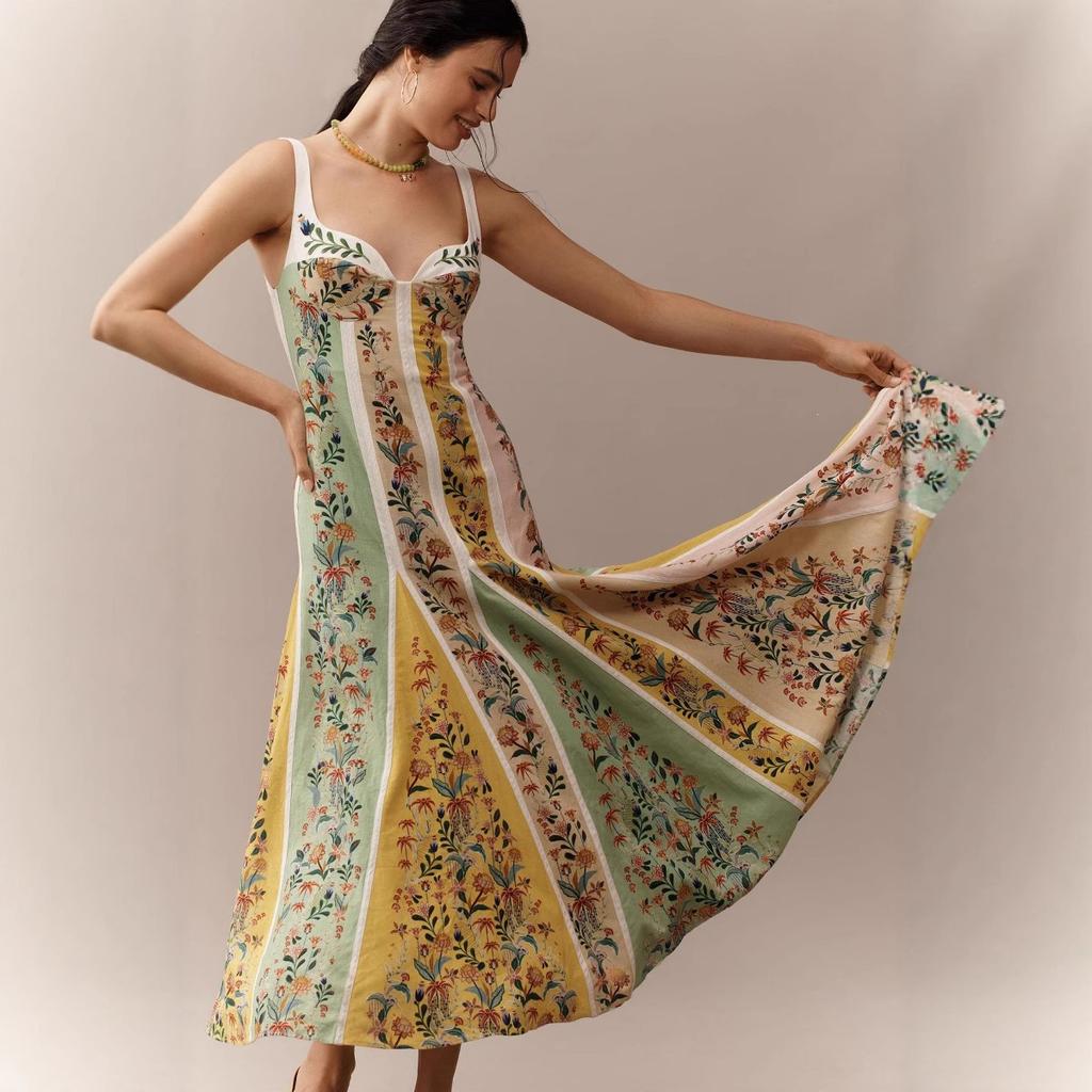 European and American Summer New Suspender Plant Flower Print Casual Vacation Waist Dress Women