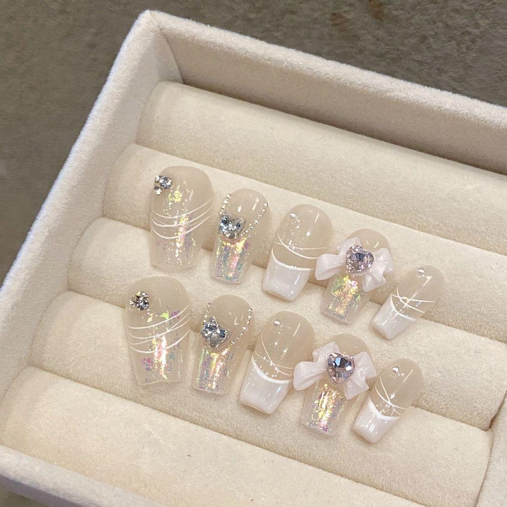 

1 set Bow Knot Press on Nails with Rhinestone Flash Nail Ins Style Handmade Nails DIY