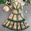 Light and mature style retro printing V-neck lantern sleeve dress for women's autumn elastic waist and thin ruffle edge long skirt