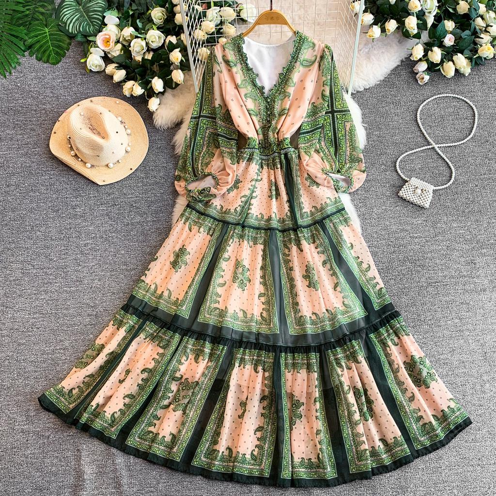 Light and mature style retro printing V-neck lantern sleeve dress for women's autumn elastic waist and thin ruffle edge long skirt