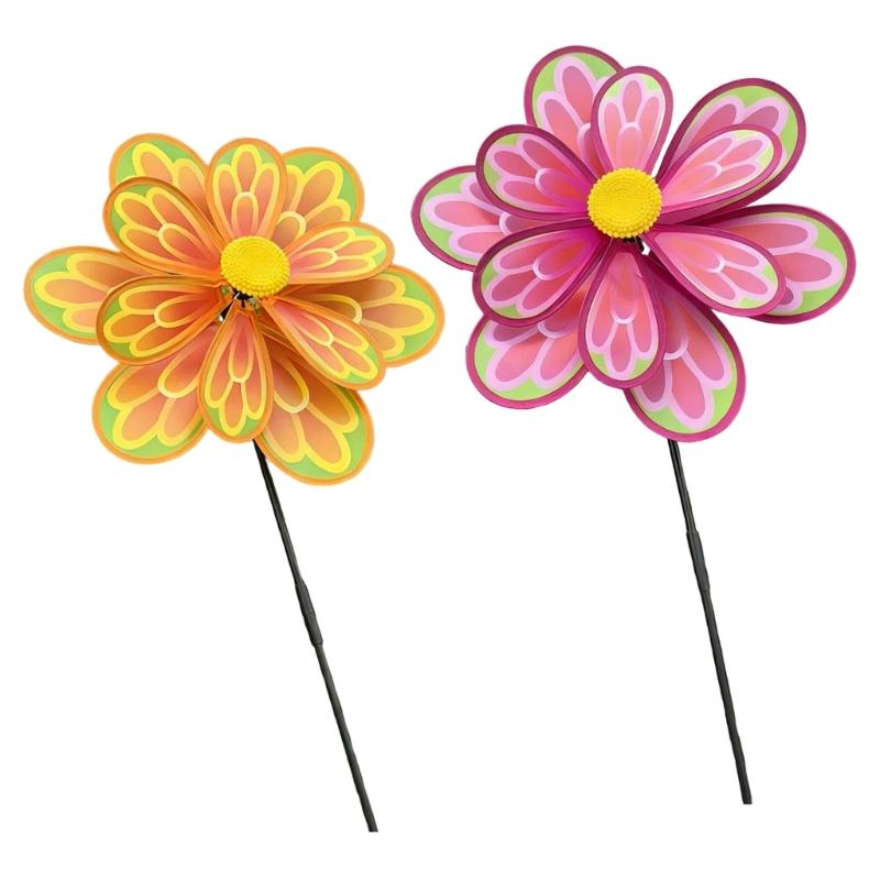 

2PCS Rainbow Flower Windmill Wind Spinner with Double Layer Sunflower Design For Outdoor Patio Lawn Party Decoration 1