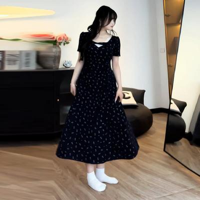 Big French Retro Floral Dress for Women's Summer Fat Mm Showing Thin Waist Temperament High-end Lace Skirt