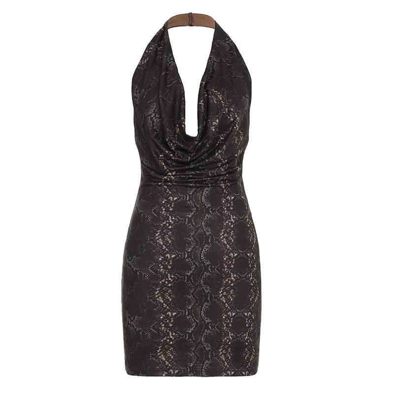Women s Sexy Snake Print Halter Neck Mini Dress High Waist Bodycon Party Club Dress S темно-коричневого