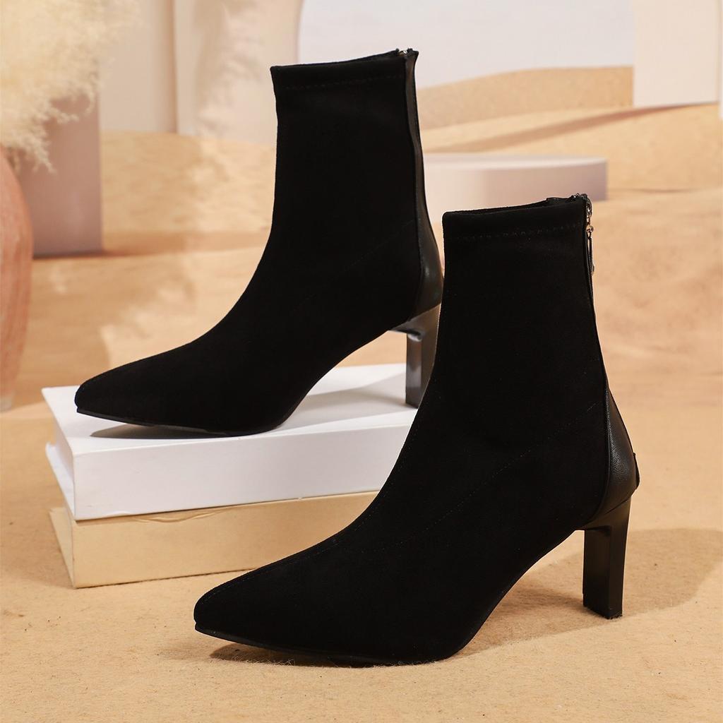 Women Ankle Boots  Autumn Faux Suede High Heel Dress Shoes Sexy Pointed Toe Women Short Boots Zip Anti-Slip Botas Mujer
