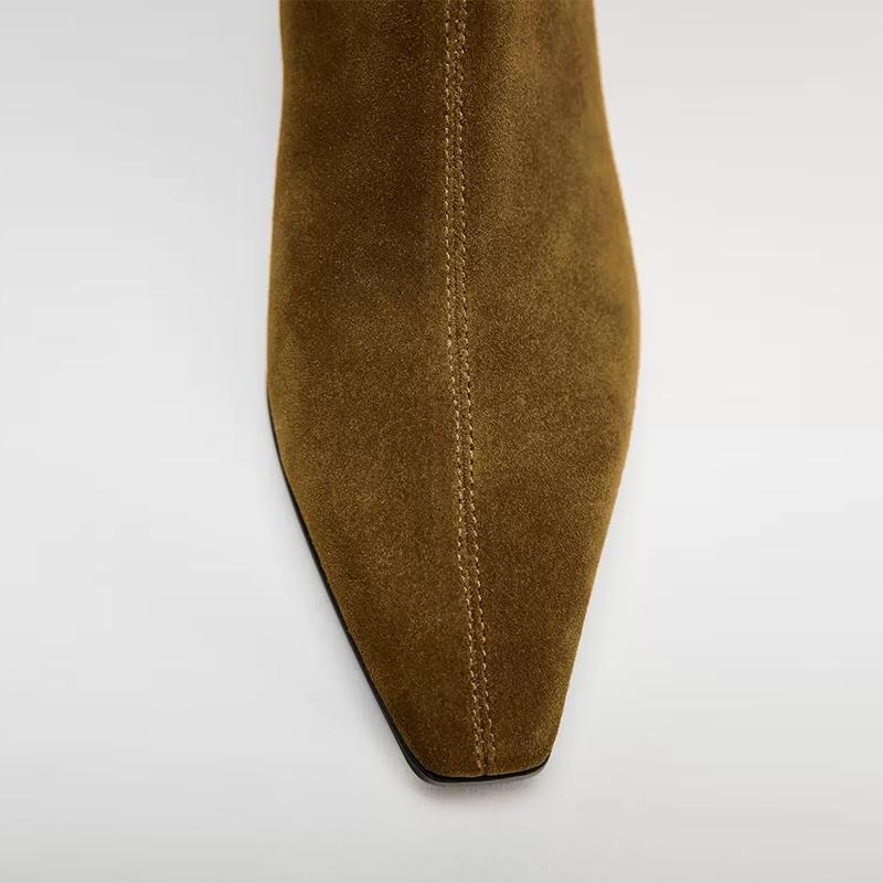 Mode Damskor Naturligt Mockaläder Slip-on Hög Klack Höst Ankelstövlar Fyrkantig Tå Casual Dam Högkvalitativa Stövlar Skor Kvinna