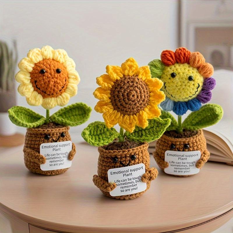 1 Stück [Vollständig gehäkelter Sonnenblumen-Simulations-Blumentopf] Handgehäkelter Blumentopf + Regenbogen-Smiley-Sonnenblumen-Simulation Gehäkelte Blume