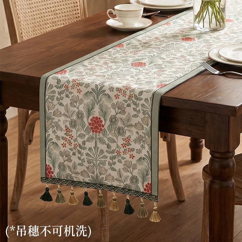 Elegant Chenille Jacquard Table Runner With Tassel Trim Floral Botanical Washable Wrinkle Resistant Dining