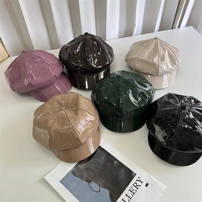 Bright Leather PU Octagonal Hat Women's Fashion Casual Versatile Painter Hat Shopping Trendy Brand Newsboy Hat Autumn and Winter Hat