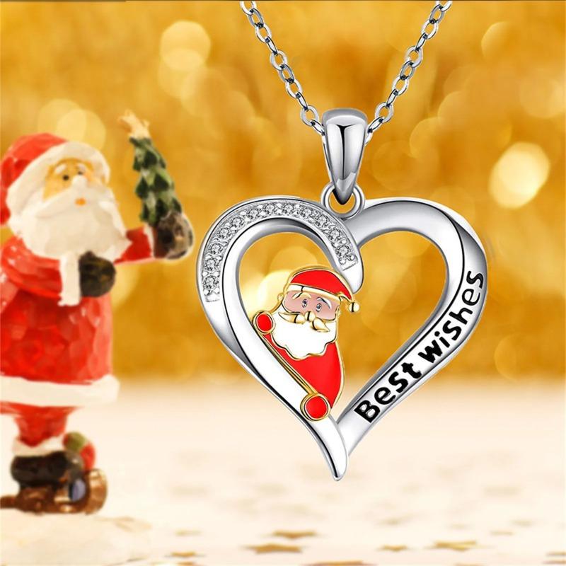 Santa Elk Love Heart Necklace For Women Trendy Clavicle Chain Temperament Hanging Neck Jewelry Dainty Necklace Christmas Gifts