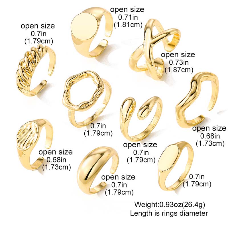 9Pcs/set Gold Color Smooth Geometric Open Rings Set for Women Men Exaggerated Metal Irregular Adjustable Rings Jewelry Gifts