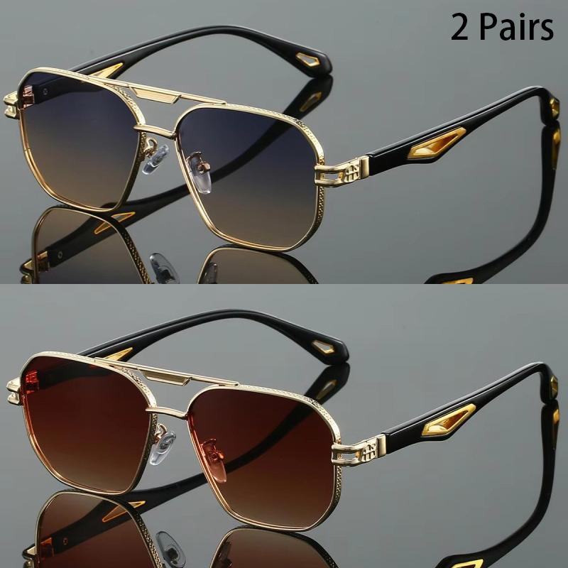 2 Pairs Vintage Square Sunglasses Men Gradient Multi-color Casual Shades Women Trendy Double Bridge Luxury Design Sun Glasses