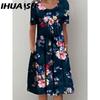 IHUASU 30 Color Pleated Midi Dress Short Sleeve Round Neck Loose Hem Mid-Calf Length Women Floral A-Line Party Dress Casual Wear