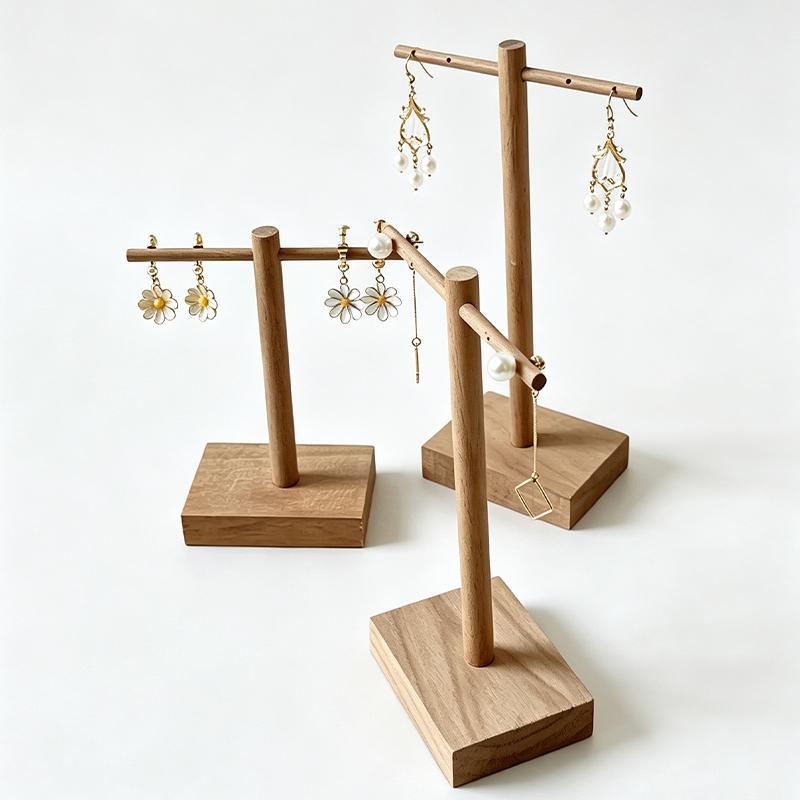 Premium Walnut Wood Earring Display Stand - Vintage Cross Jewelry Holder for Studs & Dangles
