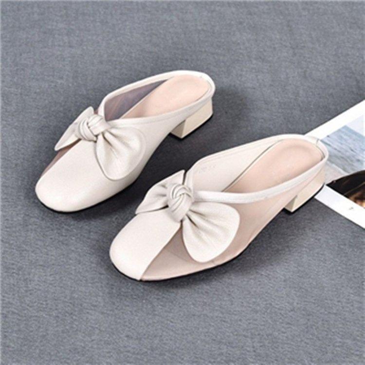 Zapatillas piel suave zapatillas frescas bolsa exterior cabeza verano nuevo malla tacón bajo zapatos sencillos