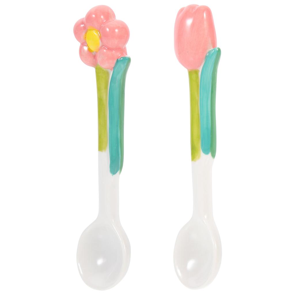 2Pcs Tulip Shaped Porcelain Flower Spoon Long Handle Household Mixing Spoon Convenient Coffee Rice Mixing Accessory