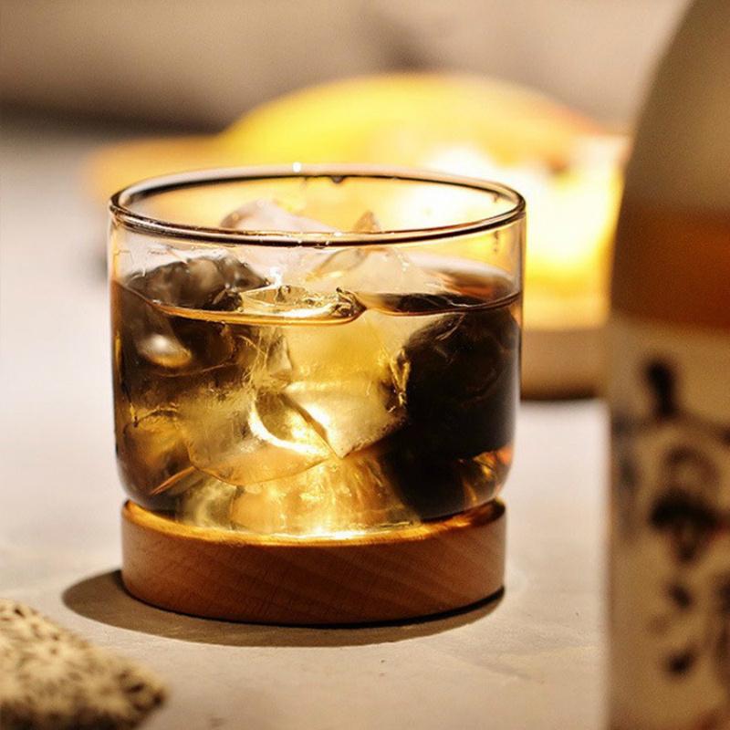 2 Pcs Mountain Whiskey Glasses With Wood Base Japanese Vintage Glassware Wine Tumbler Wooden Coaster XO Whisky Cup Dropshipping