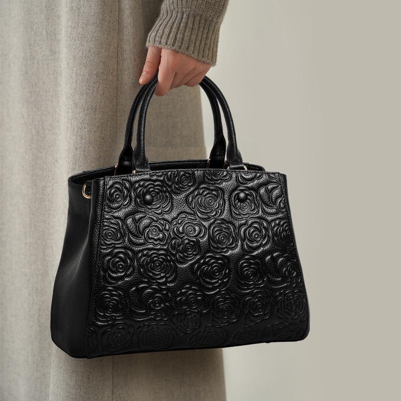 Leather Handbag High Sense Handbag Top Layer Leather Rose Pattern Slung Shoulder Bag