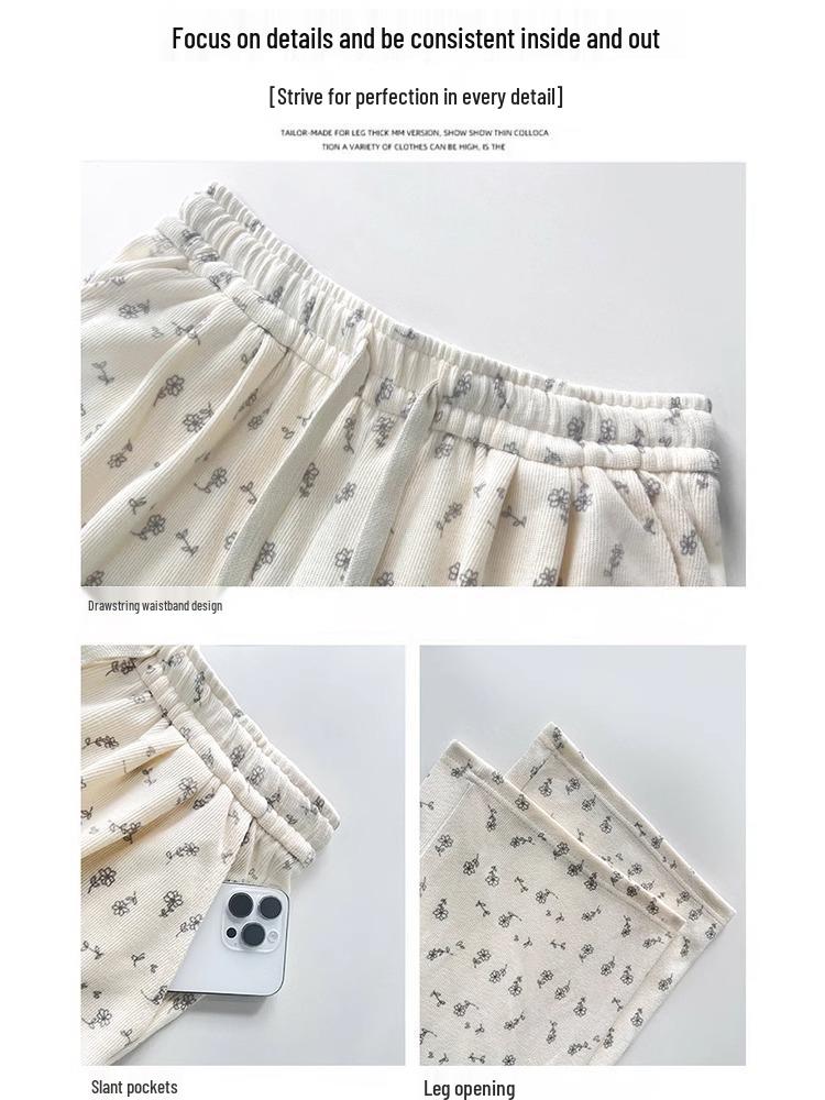 Florale weiße High-Waist-Sweathose mit weitem Bein für Damen - Frühling, Herbst & Winter