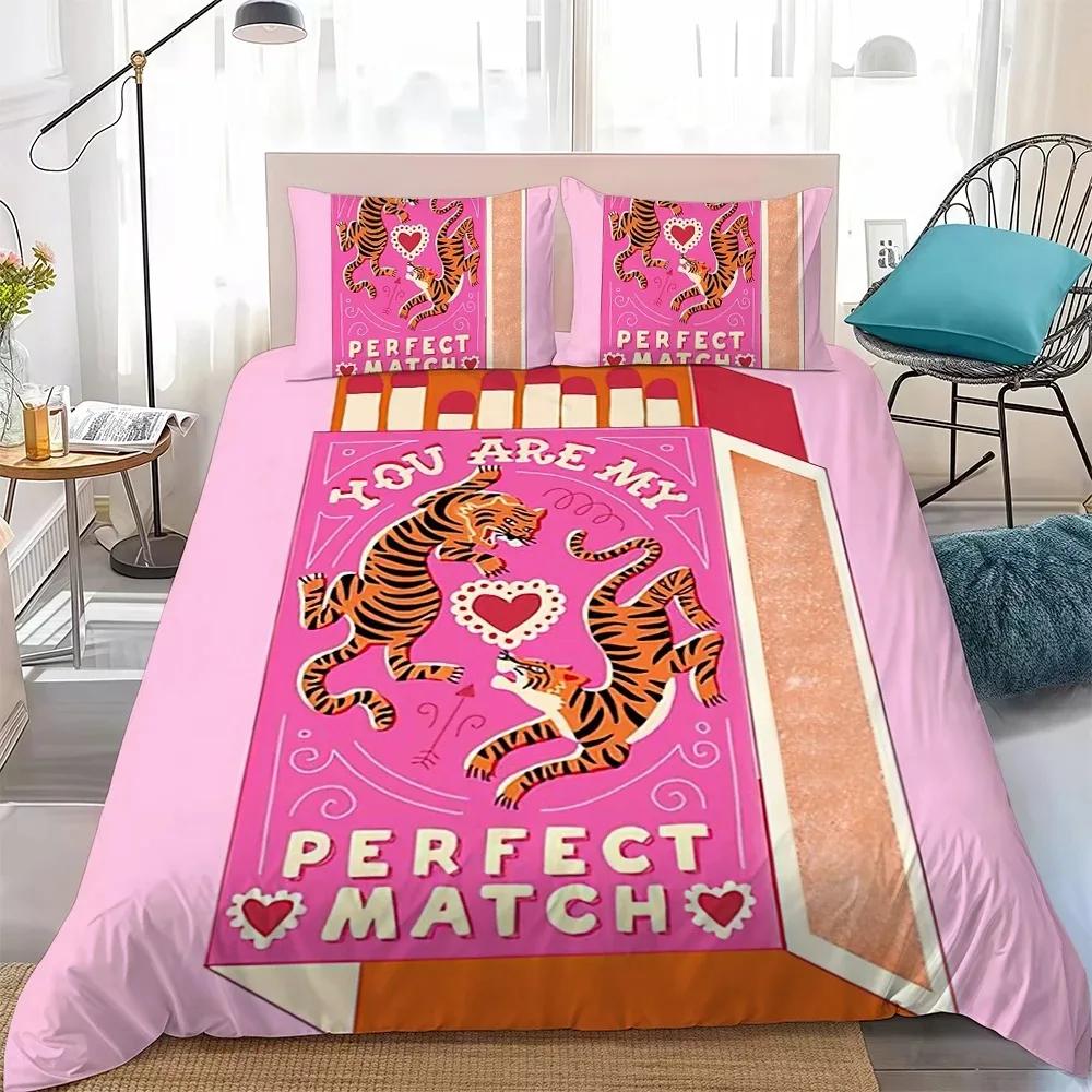 Two Tigers LOVE You're My Perfect Match Bedding Set Duvet Cover Pillowcase Single Twin Size for Student Teen Adult 2/3piece Set