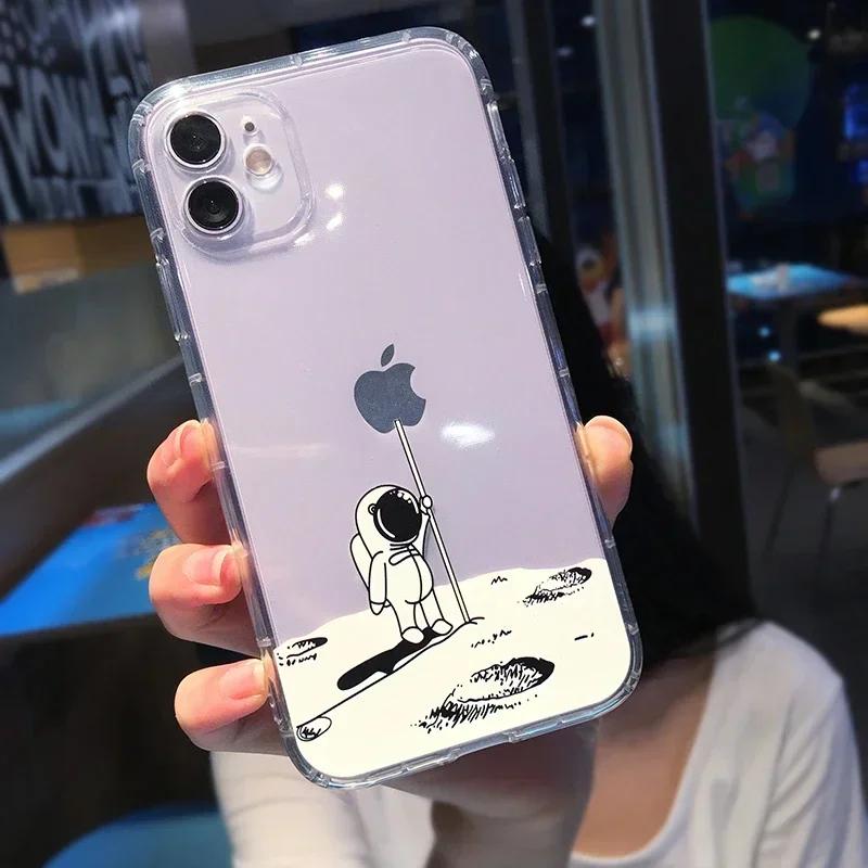Funda de Teléfono Divertida de Dibujos Animados de Astronauta para iPhone 16 15 14 13 12 11 Pro Max Mini X XS XR 7 8 Plus Transparente Suave a Prueba de Golpes