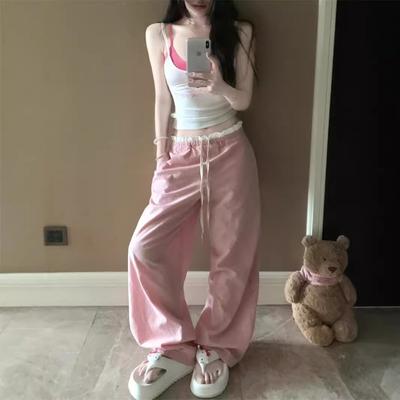 Koreanische Kleidung Süße und würzige Spitze Rosa Lässige Hose Damen Sommer Dünnes Design Nische Locker Gerade Weitbeinige Hose