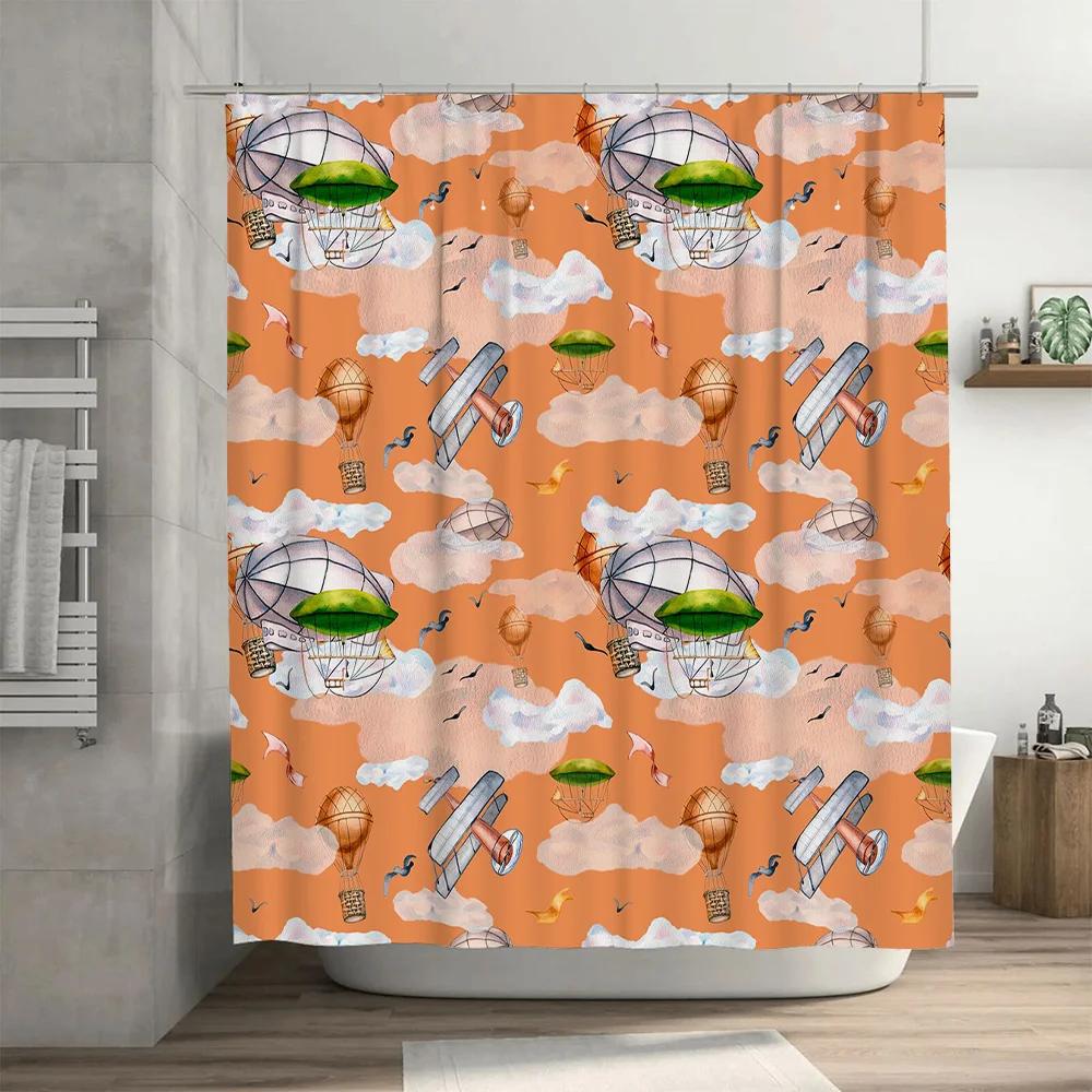 Orange Shower Curtain with Hot Air Balloon Pattern for Home Decor in Bathrooms 180x180cm Shampoo Shower Curtain Waterproof Fab