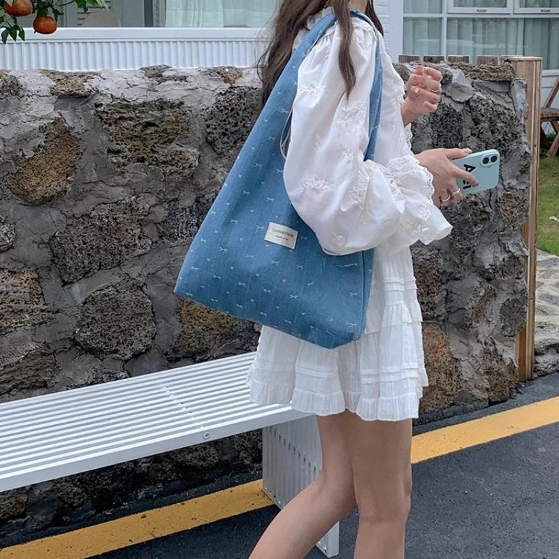 Sweet Bow Love College Girls Denim Shoulder Bags Large Capacity Portable Women's Canvas Vest Handbags Ladies Casual Tote Bags