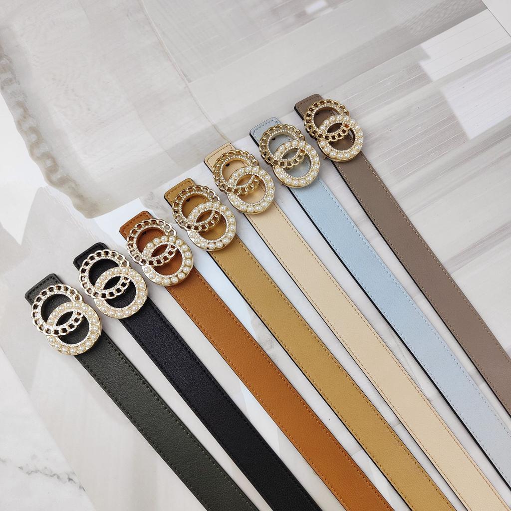 Colored Lychee Pattern Cowhide Belt Women'S Double Circle Pearl Smooth Buckle Simple Dress Belt