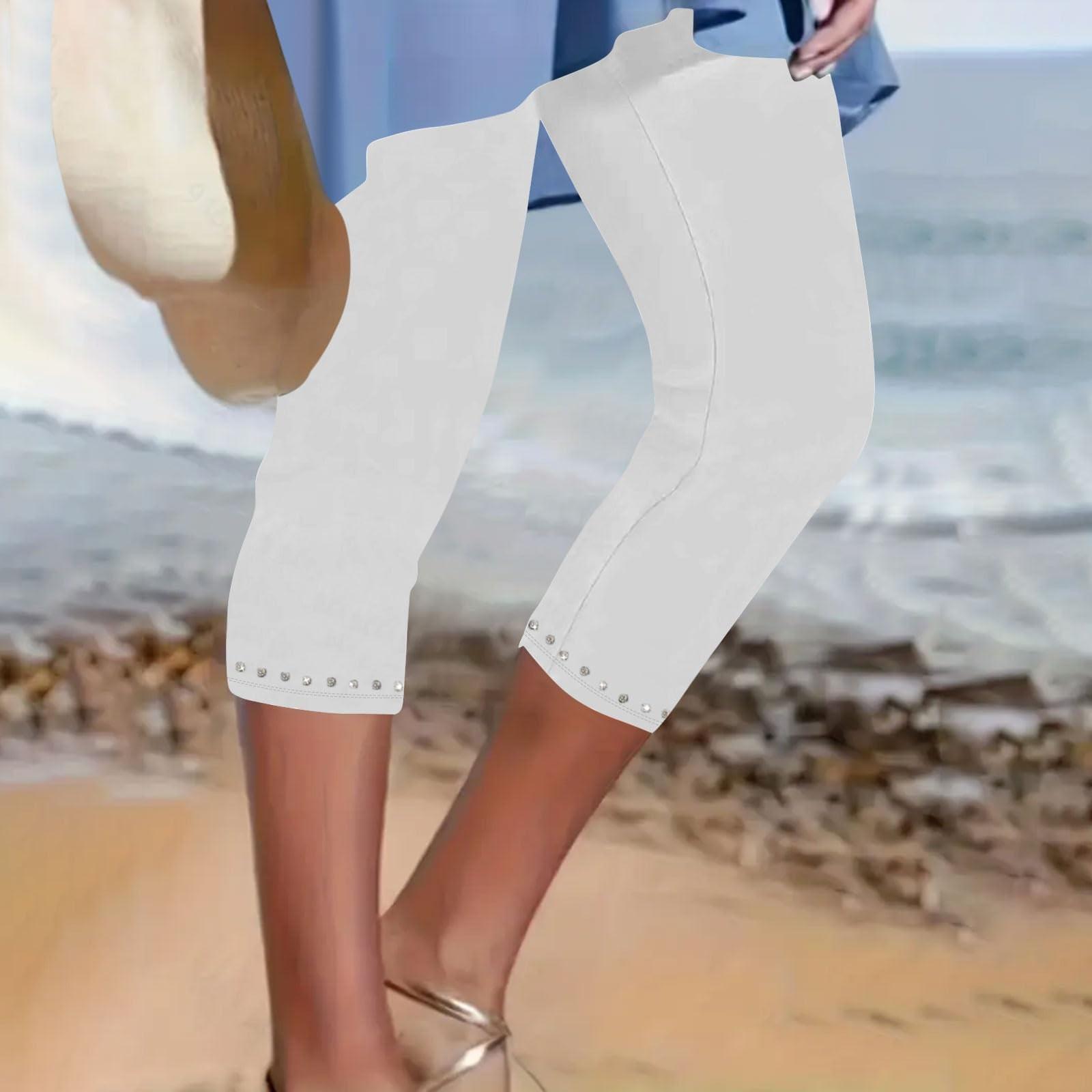 Women s Fashion Color Elastic Waist High Waist Tie Diamond Slimming Bottom Pants XL белый