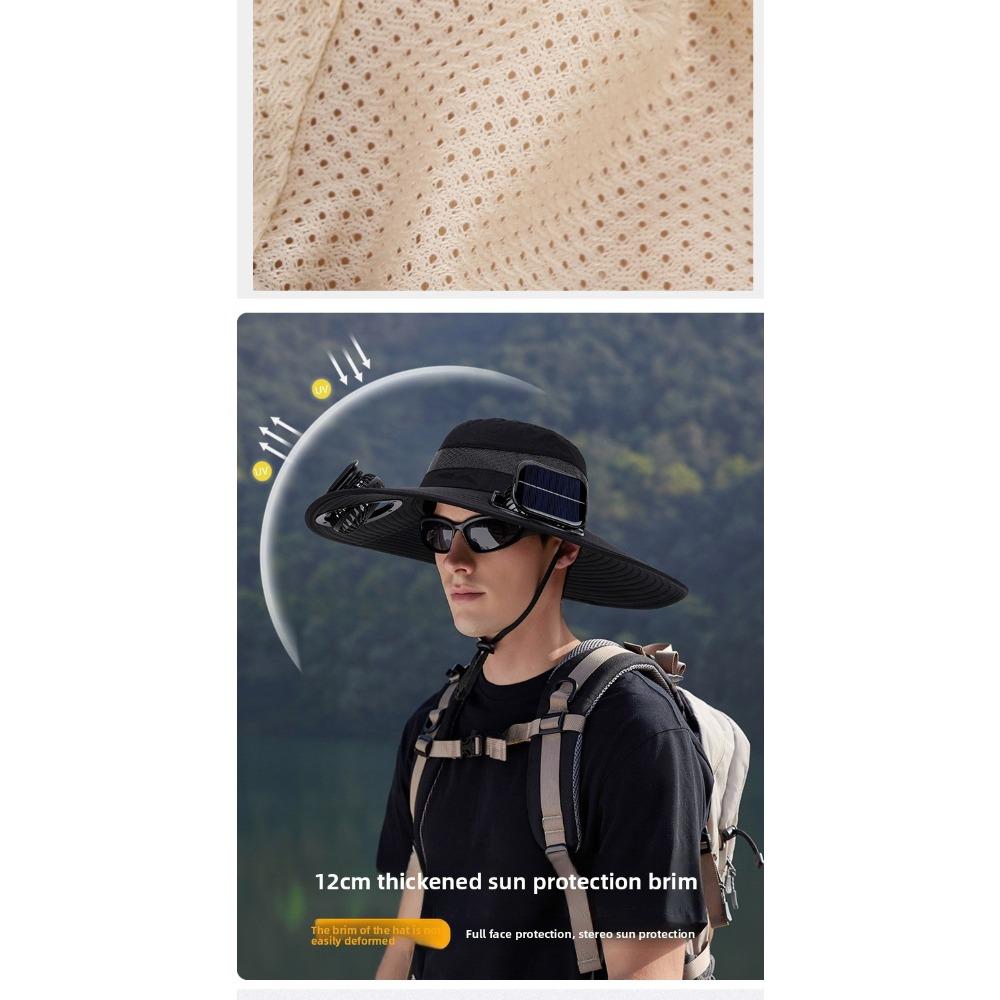 Men Solar Powered Dual Fan Hat, Summer Outdoor Mountaineering Fishing Sun Hat, Wide Brim Breathable UV Protection Fisherman Cap
