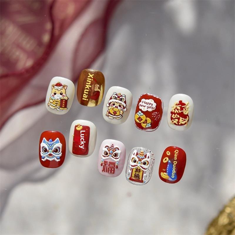 Cute Chinese  Year Horse Year Lion Dance Bow Nail Art Print Stickers Lucky Pony Manicure Decals Festive Embossed Nail Decor
