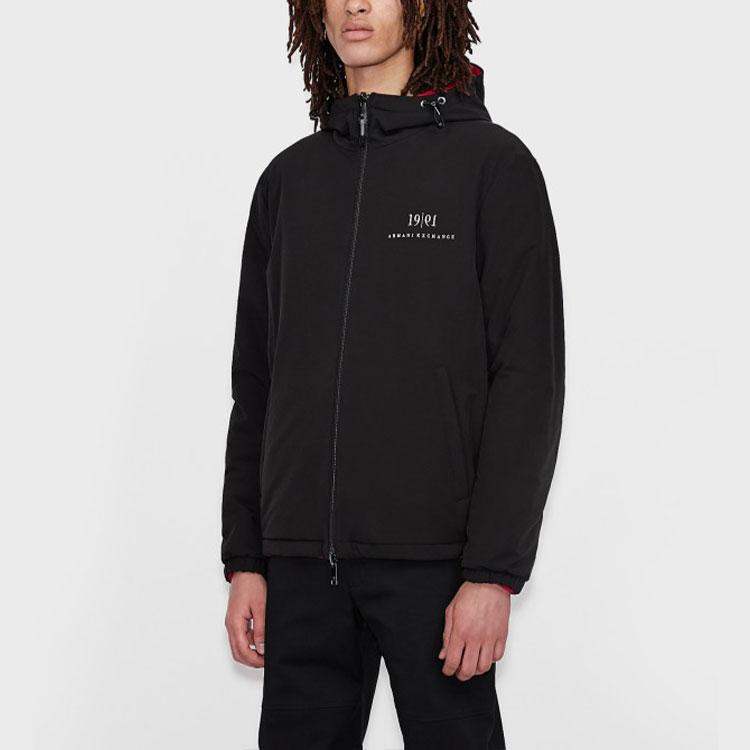Armani Exchange Solide Logo-Buchstaben-Print Kapuzen-Reißverschlussjacke Herrenjacken Schwarz 6KZB56-ZNVQZ-1200