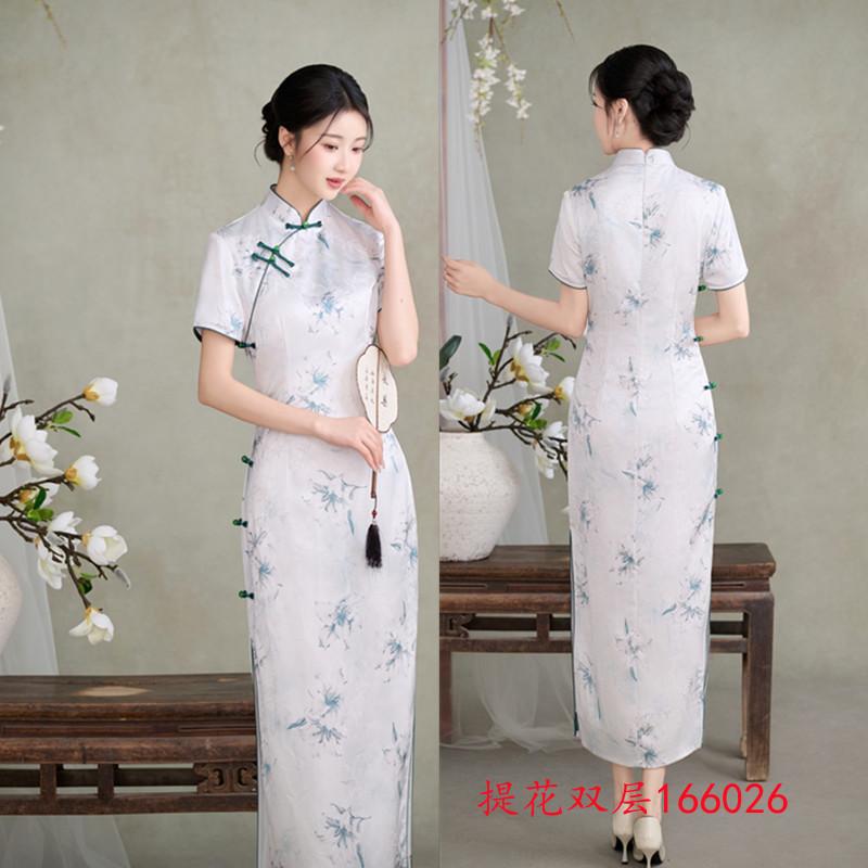 Ai Qi embroidery spring and summer new jacquard double-layer long cheongsam gentle retro Republic of China style simple and elegant slim cheongsam