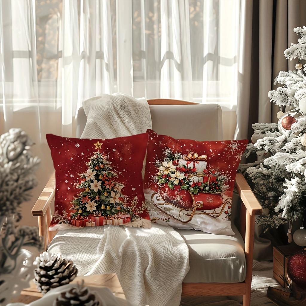 4Pcs Festive Christmas Throw Pillow Covers 18X18 Inch, Zipper Closure, Retro Santa Snowman Designs With Gift Boxes And Wreaths
