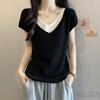 Women Clothing Fashion Patchwork V-neck Knit T-shirt Summer Casual Loose All-match Short Sleeve Pullover Office Lady Thin Tops