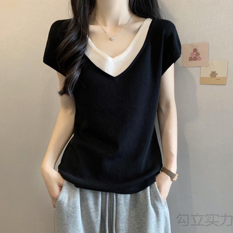 Women Clothing Fashion Patchwork V-neck Knit T-shirt Summer Casual Loose All-match Short Sleeve Pullover Office Lady Thin Tops