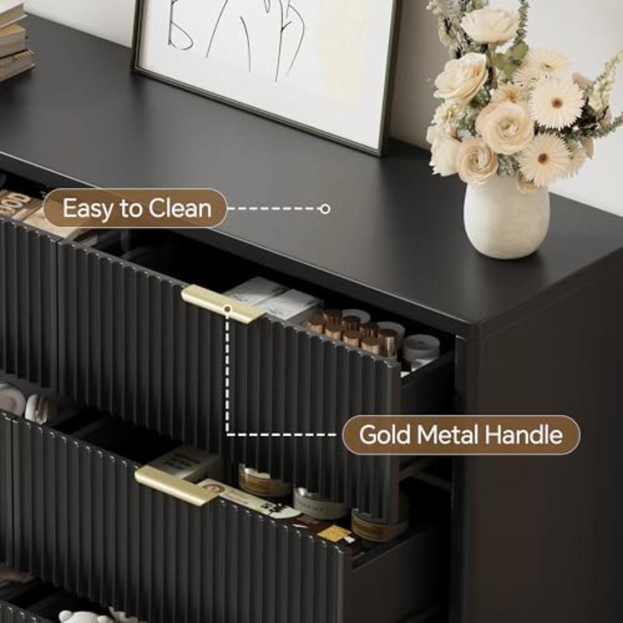Fluted Dresser for Bedroom with 6 Drawers, 47" W Modern Chest of Drawers with Metal Handles, Wood Dresser TV Stand, Closet Dres