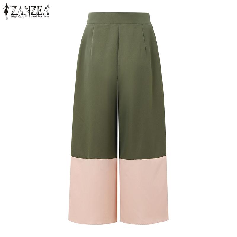 ZANZEA Women Casual High Waist Loose Patchwork Wide Leg Cropped Pants