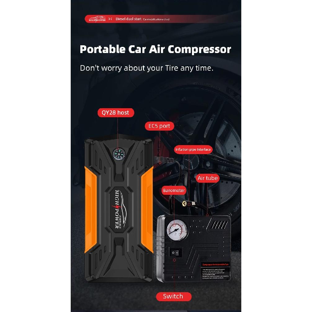 Car Jump Starter with Tire Inflator, 12V Portable Emergency Power Bank and Starting Device