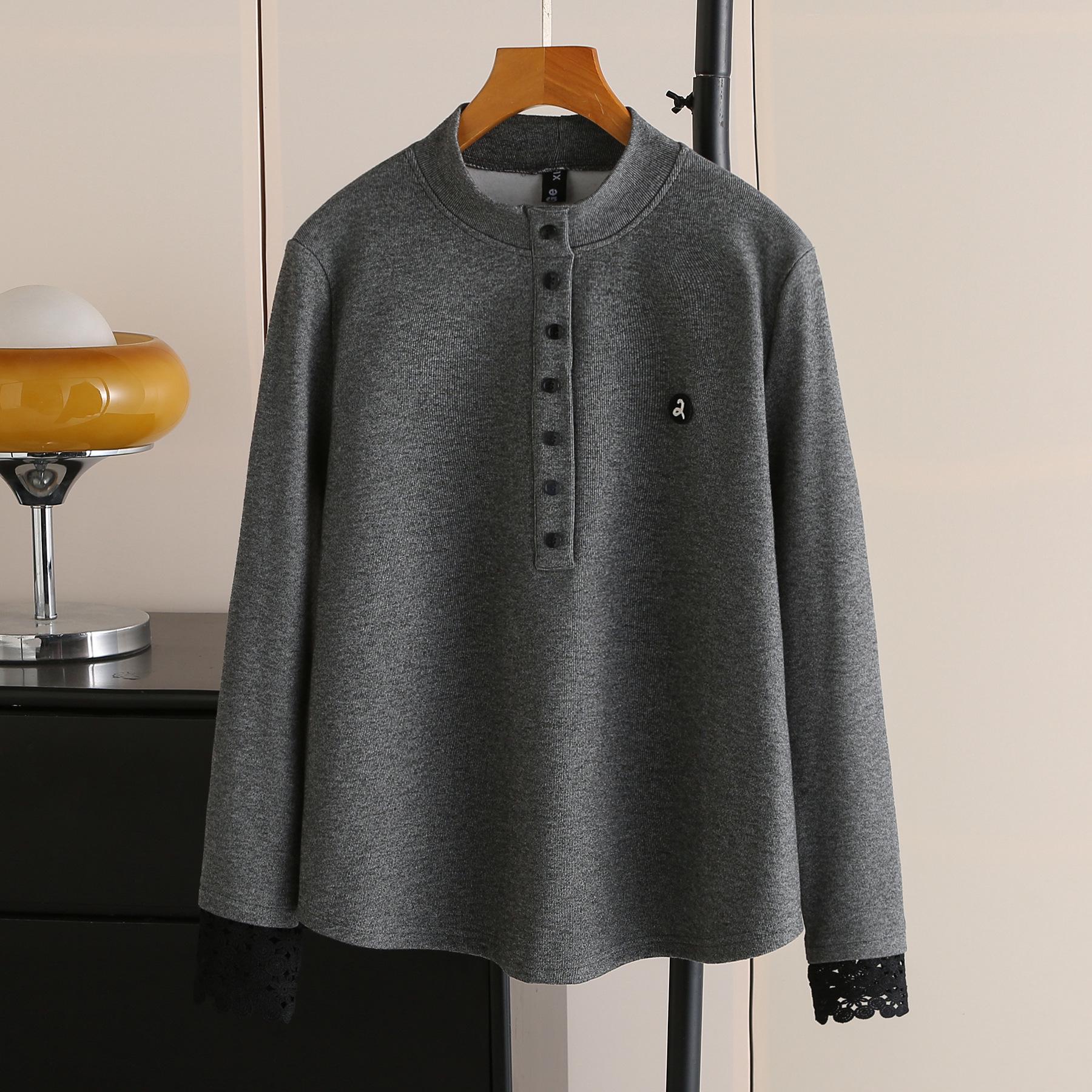 

2025 Autumn Winter Plus Size Fleece Base Layer Top with Lace Cuffs - Women s Velvet Long Sleeve 2XL серый