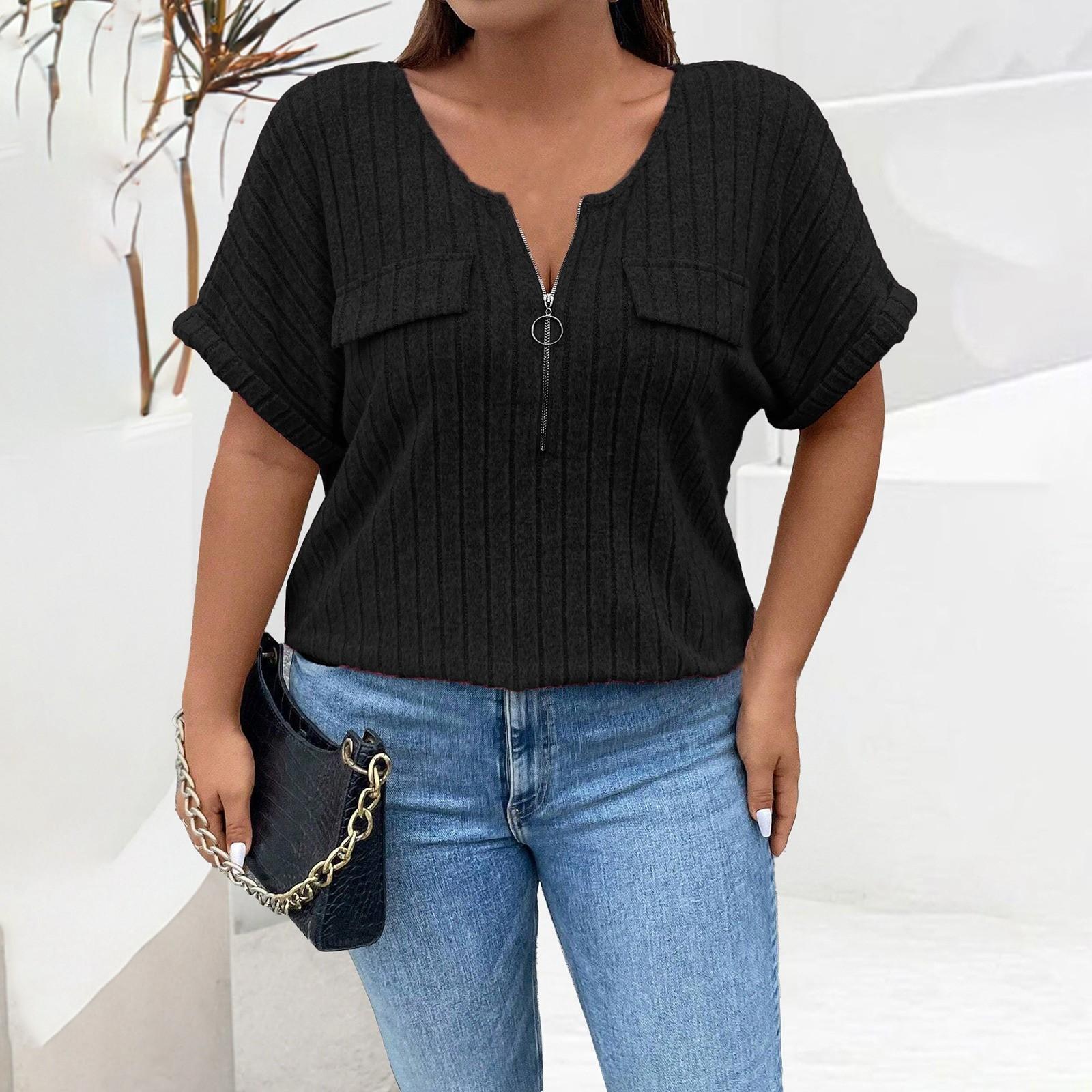 

Женская свободная однотонная футболка большого размера с коротким рукавом и ложным карманом XL чёрный